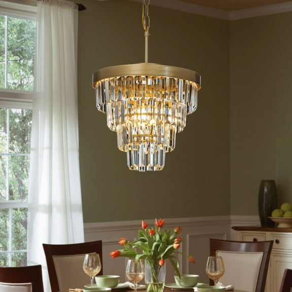 3-Light Unique Round Tiered Crystay Chandelier in Antique Gold