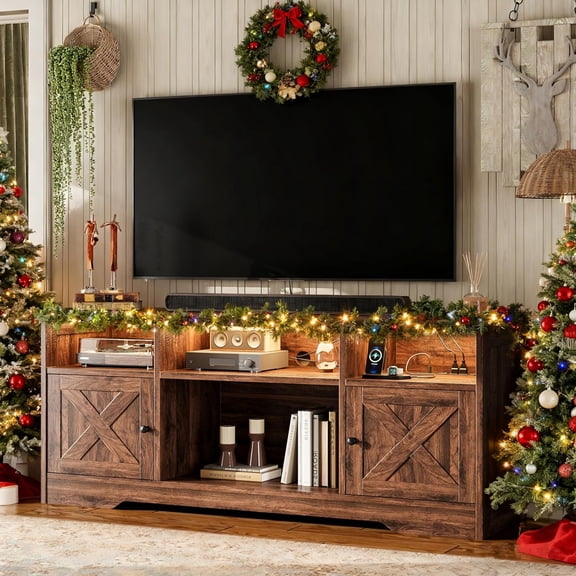 Farmhouse TV Stand for 65 Inch TV, Entertainment Center with Power Outlet, LED Light and Storage Cabinets, Walnut Finish