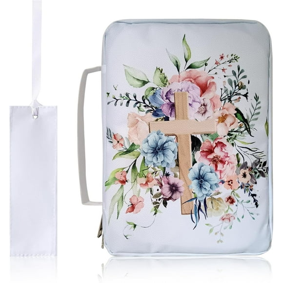 PinesC Storage Crates Bible Cover with Handle 10x7in Bible Cases for Woman Oxford Cloth Bible Bag with Bookmark Zippered Large Capacity Bible Carrying Case, Flowers