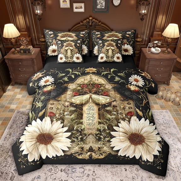 Castle Fairy Teens Gothic Moth Twin Bedding Sets,Chic Floral Daisy Bedding Comforter Set