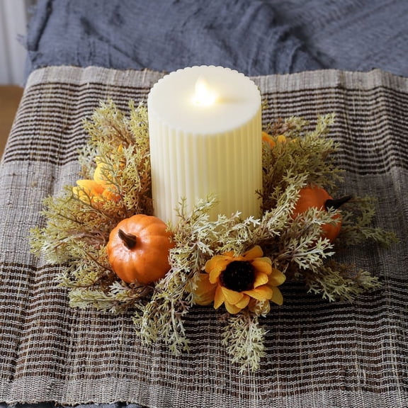 Twfbrm Fall Candle Rings Wreath, 10" Artificial Cypress Leaves Candle Rings with Pumpkin and Sunflower, Farmhouse Pillar Candle Holder Decorative Tealight Candle Garland Fall Decorations for Home