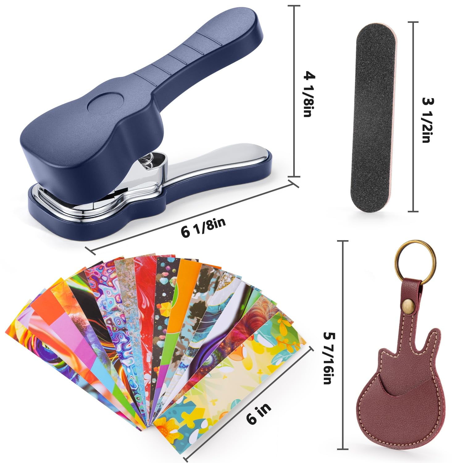 Guitar Pick Maker Kit, Custom DIY Punch Tool with 15 Pick Strips, Leather Keychain Holder, Sanding Strips, Gift for Guitar Players & Music Lovers