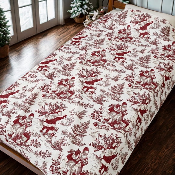 Toile de Jouy Red Santa Claus Christmas Blanket: Flannel Cozy Classic Holiday Decor