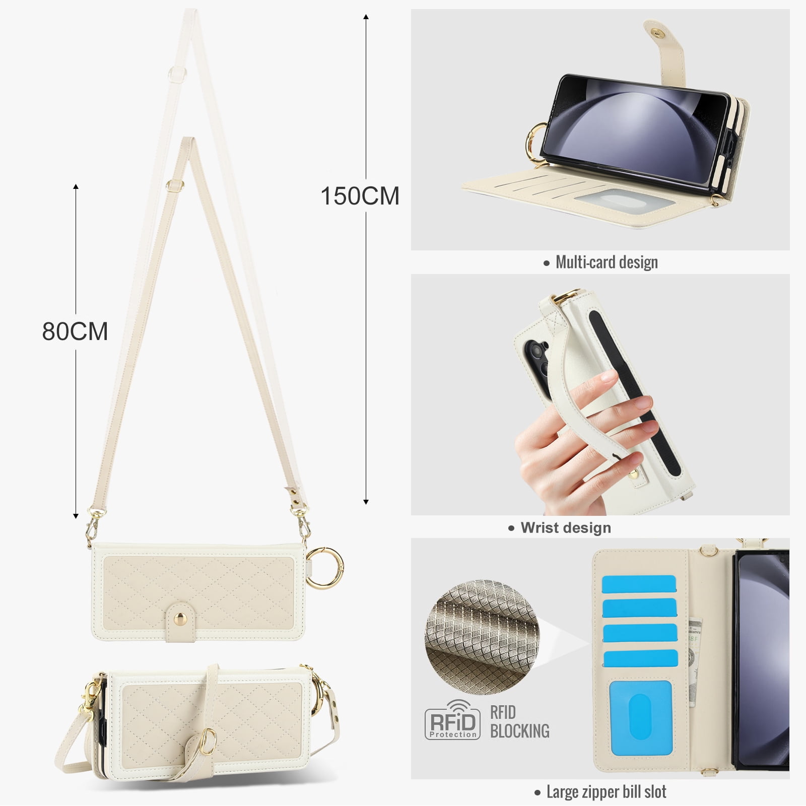 REQO Flip Phone Case for Samsung Galaxy Z Fold 6,Multifunctional Leather Wallet Cover with Wrist Strap Long Shoulder Strap RFID Blocking Case,White