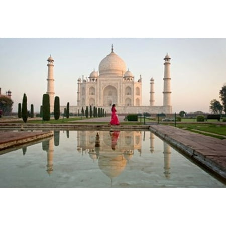 Reflection of a mausoleum in water Taj Mahal Agra Uttar Pradesh India Stretched Canvas - Panoramic Images (36 x