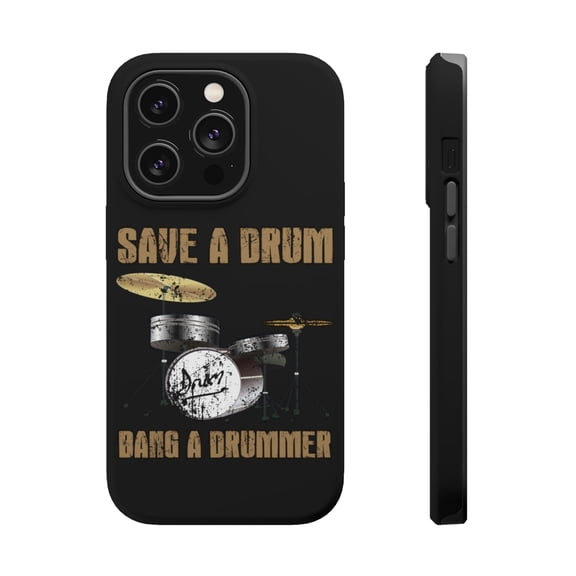 DistinctInk Tough Case for Apple iPhone 15 PRO (6.1" Screen), Compatible with MagSafe Charging - Save a Drum, Bang a Drummer