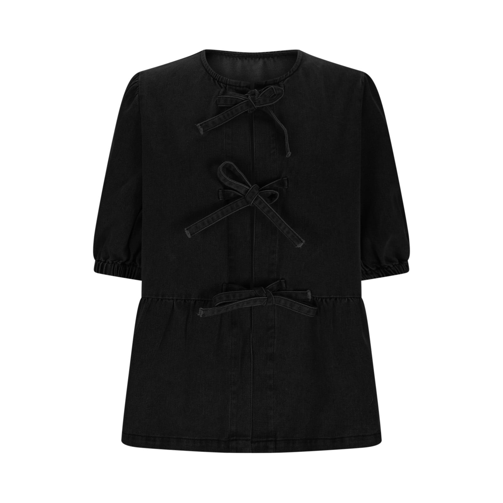 Womens Tops Under $10, Womens Denim Tie Front Tops Babydoll Peplum Puff Sleeve Jean Shirts Crew Neck Summer Casual Bow Blouses