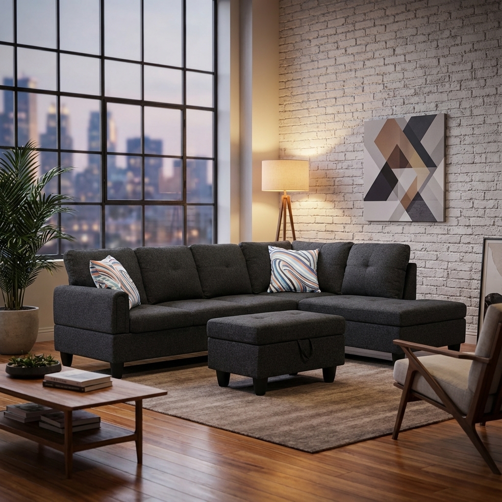 Prilinex L Shaped Couch Sectional Couches with Chaise and Storage Ottoman, 3 Pieces Modern Linen Sofa for Living Room Furniture Sets and Small Apartment, Black Grey