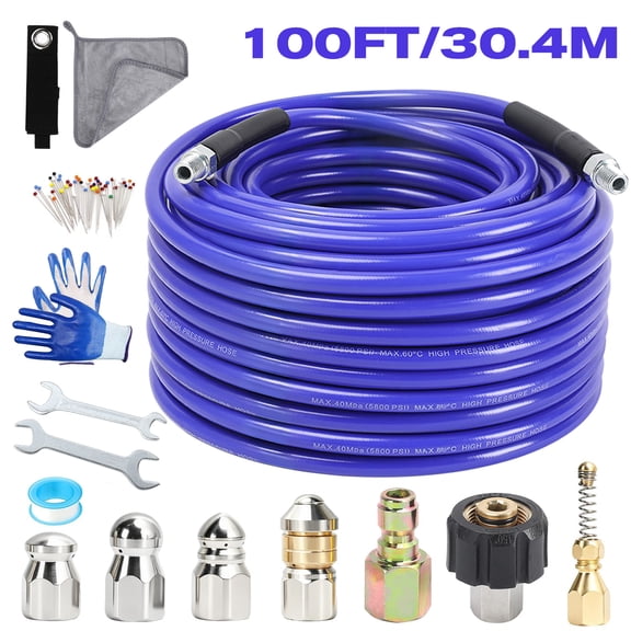 100FT Sewer Jetter Kit for Pressure Washer, 5800 PSI Drain Cleaning Hose with 1/4" NPT Corner, Rotating & Button Nozzles