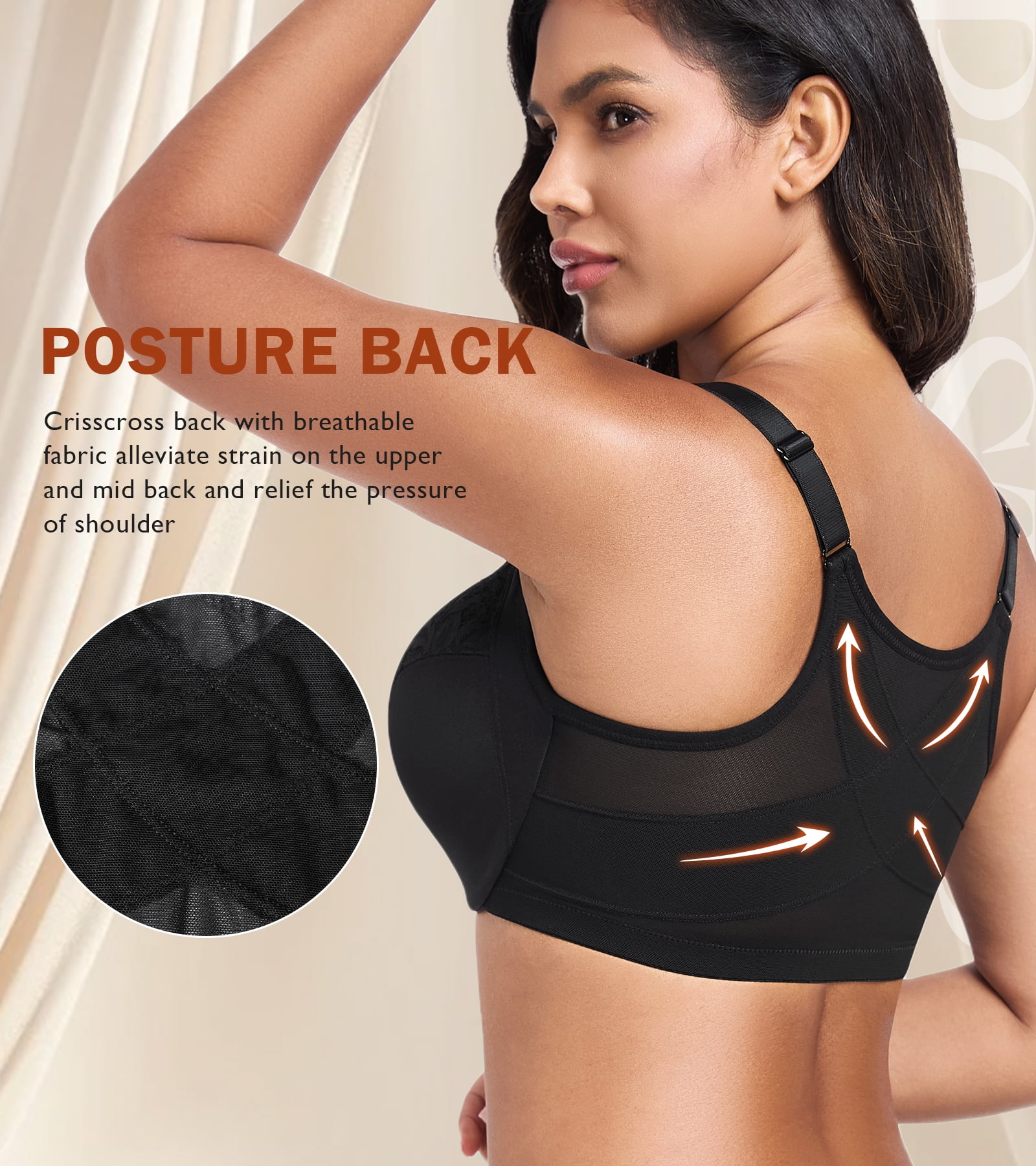 Exerin Women's Front Closure Non Padded Underwire Plus Size Posture Back Support Bra(40C,Black)