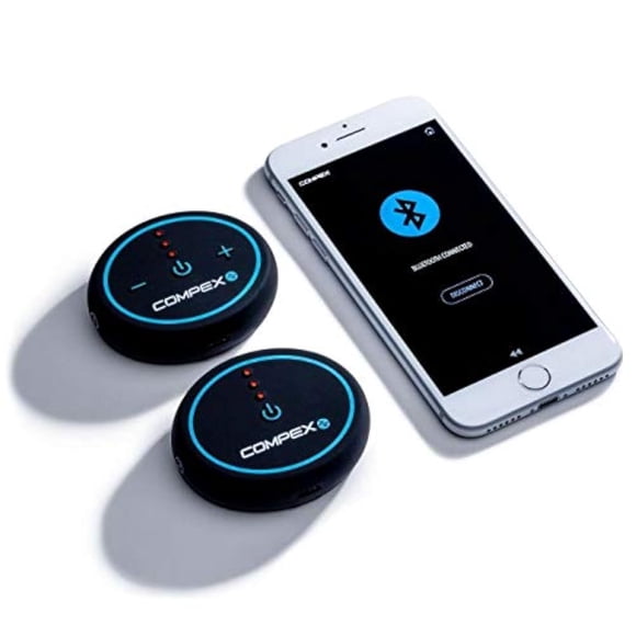 Miniestimulador muscular eléctrico inalámbrico Compex EMS con 2 cápsulas Tens, compatible con smartphones y app para Apple y Android para entrenamientos y registro de entrenamiento.