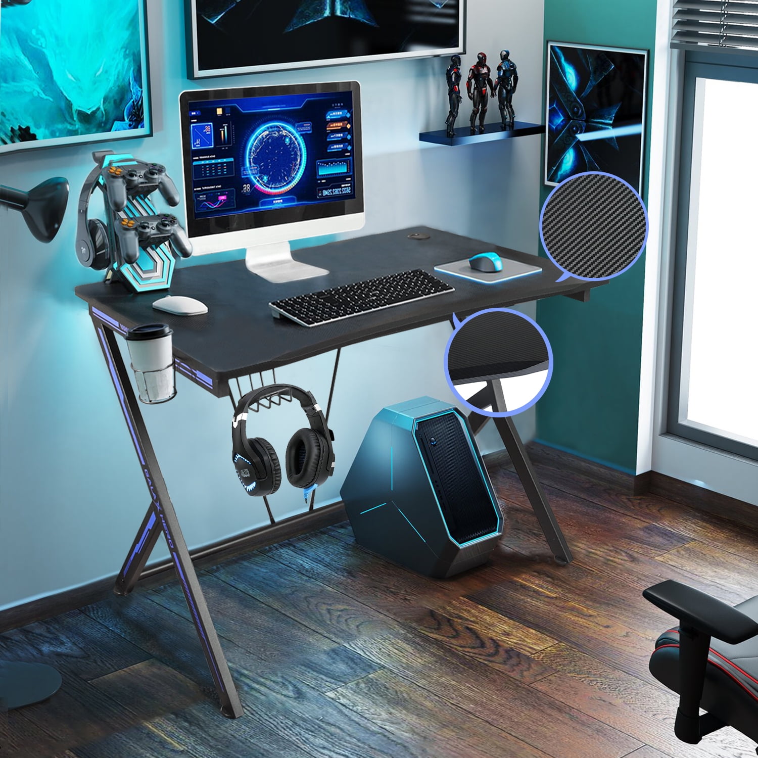 Kepooman Gaming Desk, Home Office Desk, Computer Desk with Cup Holder & Headphone Hook Desk Workstation, Black Kepooman Gaming Desk, Home Office Desk, Computer Desk with Cup Holder & Headphone Hook Desk Workstation, Black