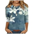 thumbnail image 3 of JURANMO Floral Print Tops for Women Casual Lightweight 3/4 Sleeve T-shirts Summer Holiday Crewneck T Shirts Deals of the Day Navy L, 3 of 5