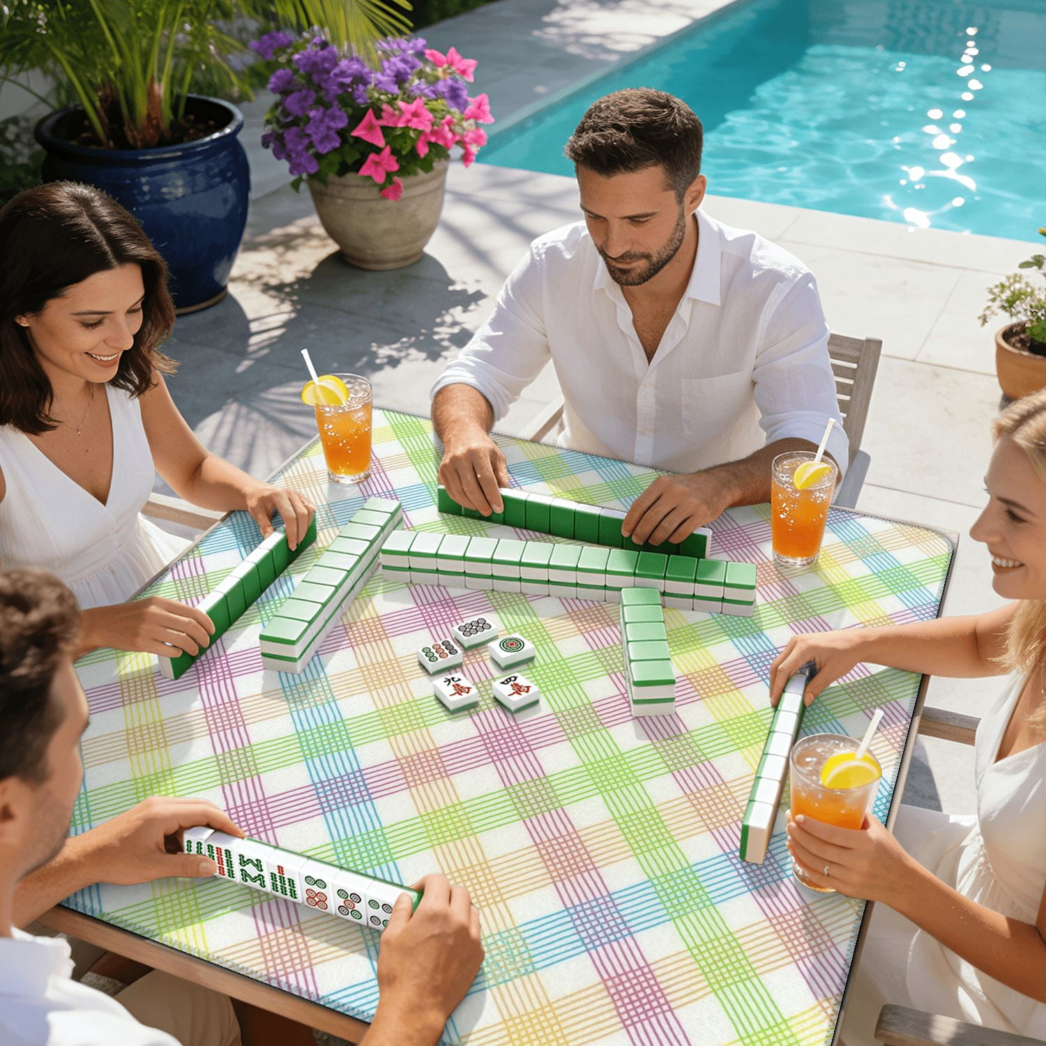 Mahjong Mat 31.5" x 31.5" Colorful Plaid Soft Pastel Hues Green Blue Purple Yellow Non-Slip Noise Reduction American Mahjong Tiles Table Cover for Dominoes Poker Card Board Games Gift