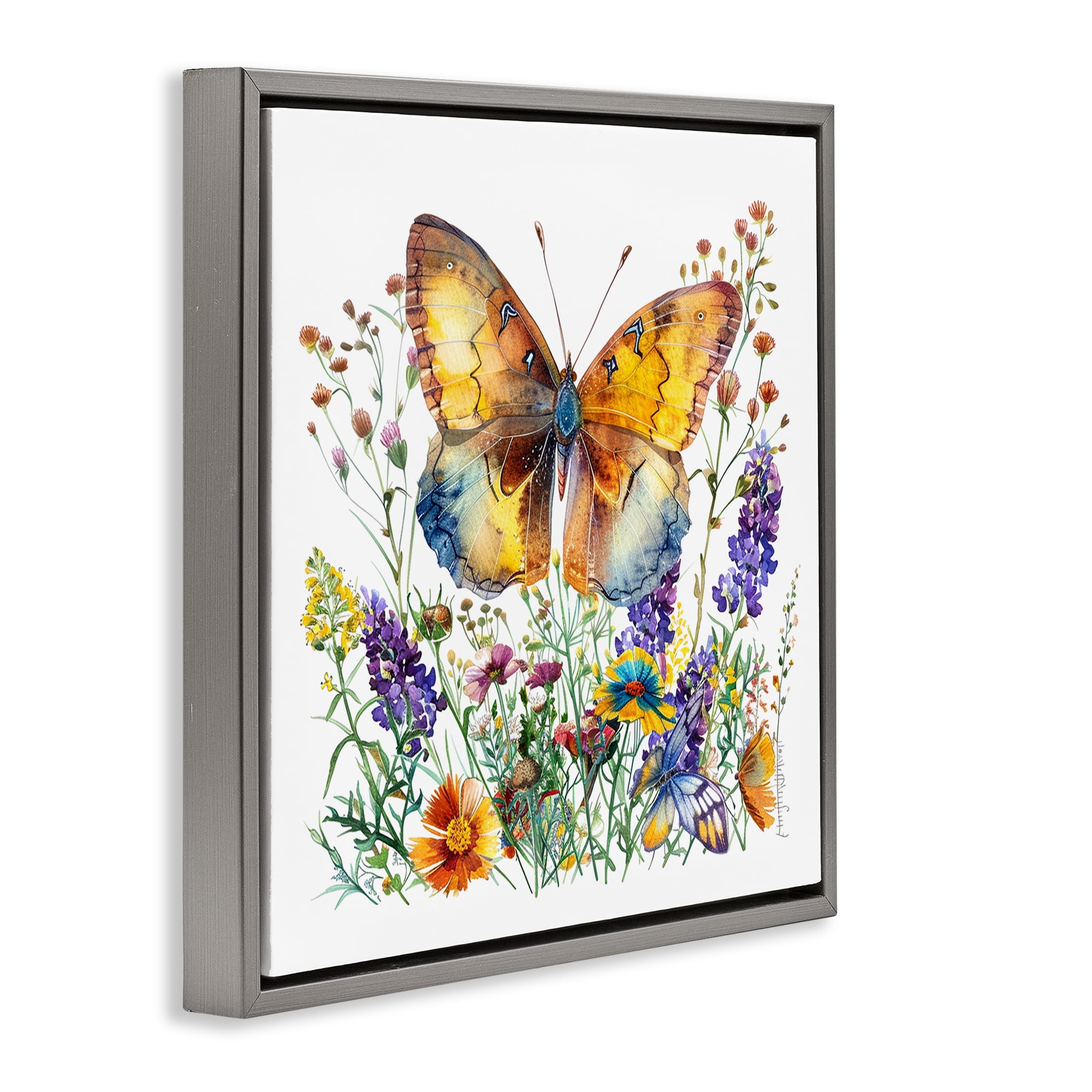 Stupell Industries Mixed Butterfly Garden Insects Painting Gray Floater Framed Canvas Art Print Wall Art, 18 x 18