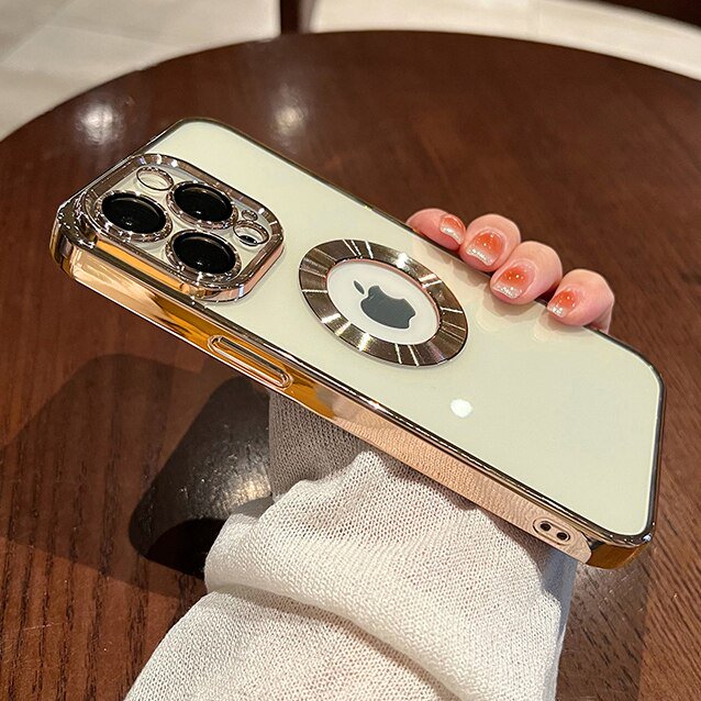 Funda hueca con logotipo chapado de lujo para iPhone 14, 13, 11, 12 Pro, XR, X, XS Max, 7, 8 Plus, SE3, cubierta transparente suave a prueba de golpes