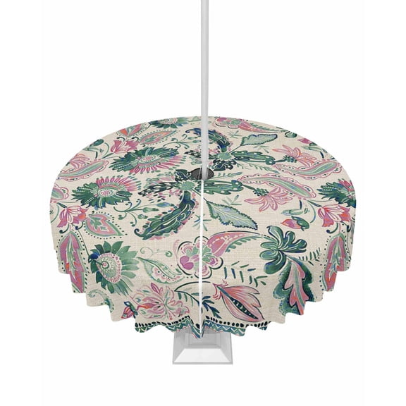 Fsddascl Turquoise Pink Ethnic Outdoor Tablecloth - 60 Inch Round Dining Table Cover, Boho Modern Geometric Abstract Art Waterproof Outdoor Table Cloth with Umbrella Hole & Zipper for Picnic/Patio