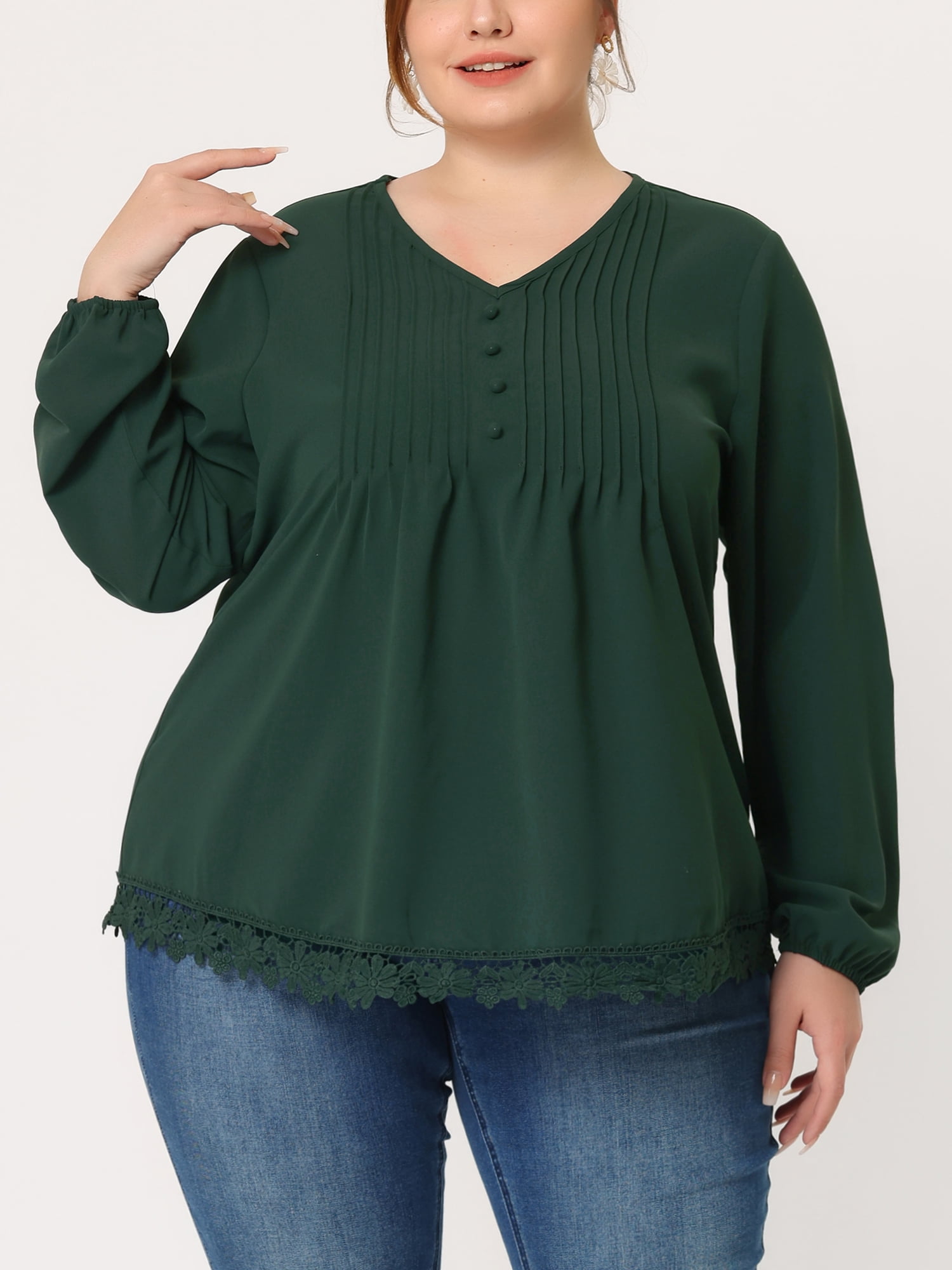 Unique Bargains Women's Plus Size Solid Pleated V Neck Lace Casual Blouse