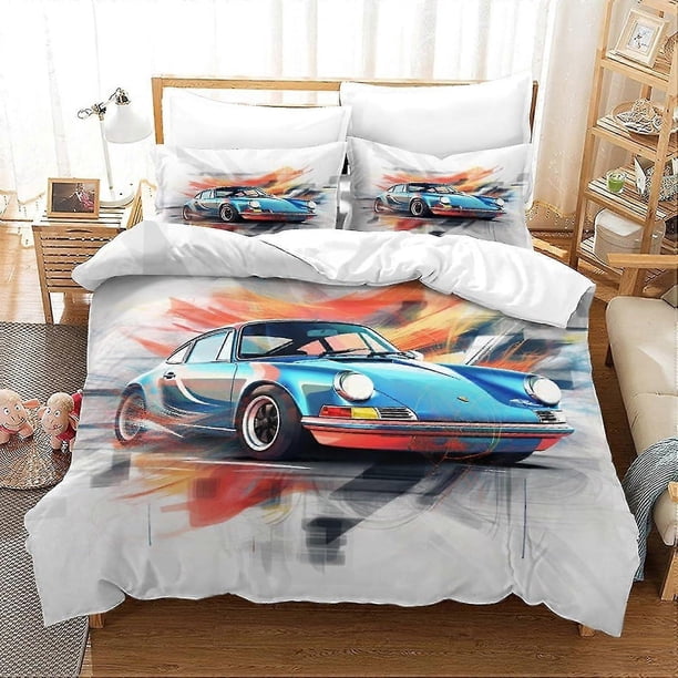 HOUKIG Bed Set Porsches 911 Colourful Sports Cars with Duvet Cover And Pillowcase,with Invisible Zip, 3 Piece Set with Zip And 2 Pillowcases