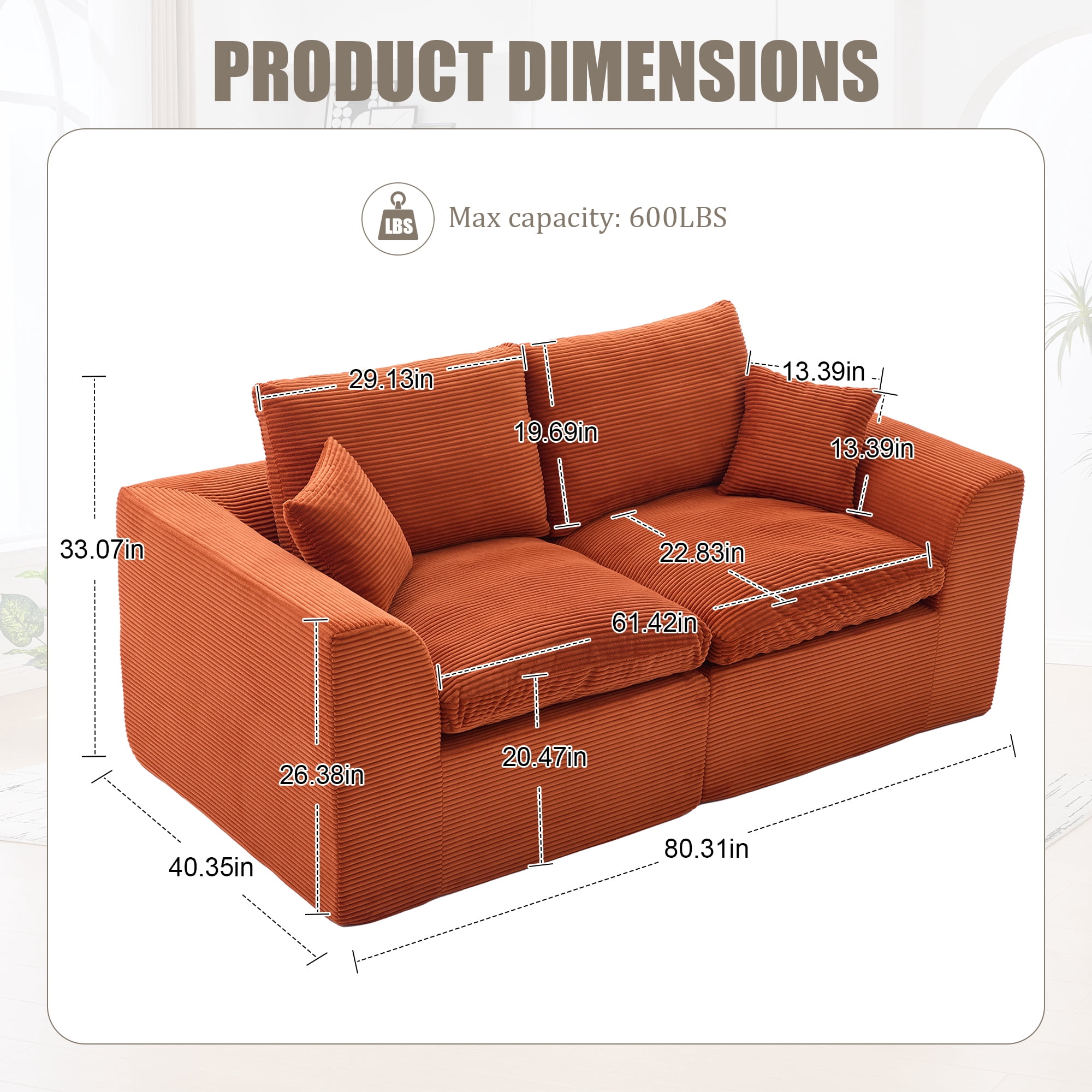 MOONMISS 80.3" Oversized Modular Sofa, Upholstered Corduroy 2 Seat Deep Seat Cloud Couch for Living Room Bedroom, No Assembly Required,Orange