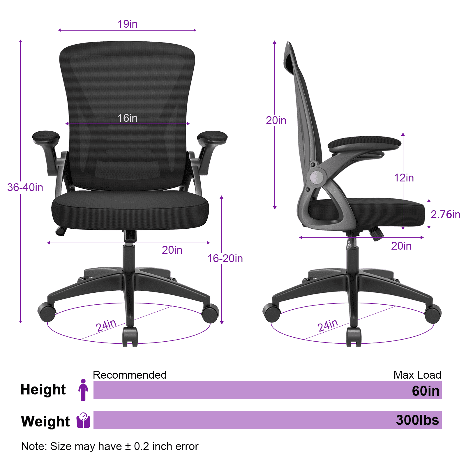 Bigzzia Ergonomic Office Chair, Mid-Back, Adjustable Height, Flip-Up Arms and Lumbar Support, Black