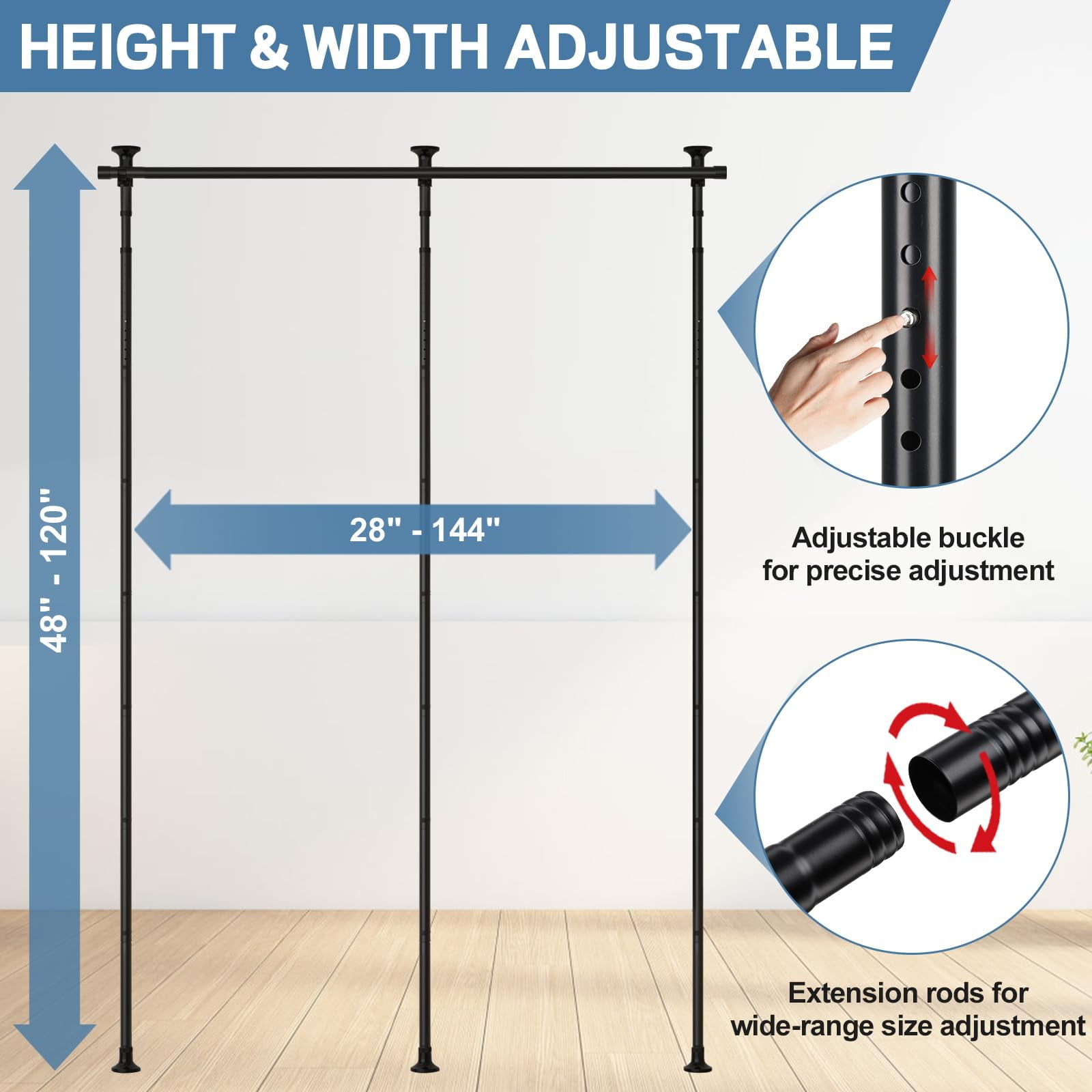 LCOKEIY Room Divider No Drilling Curtain Rods for Windows, 4-10ft(H) 28-144inch(W) Adjustable, Heavy Duty Curtain Rods Tension Rod Space Separator Ceiling Mounted, Black