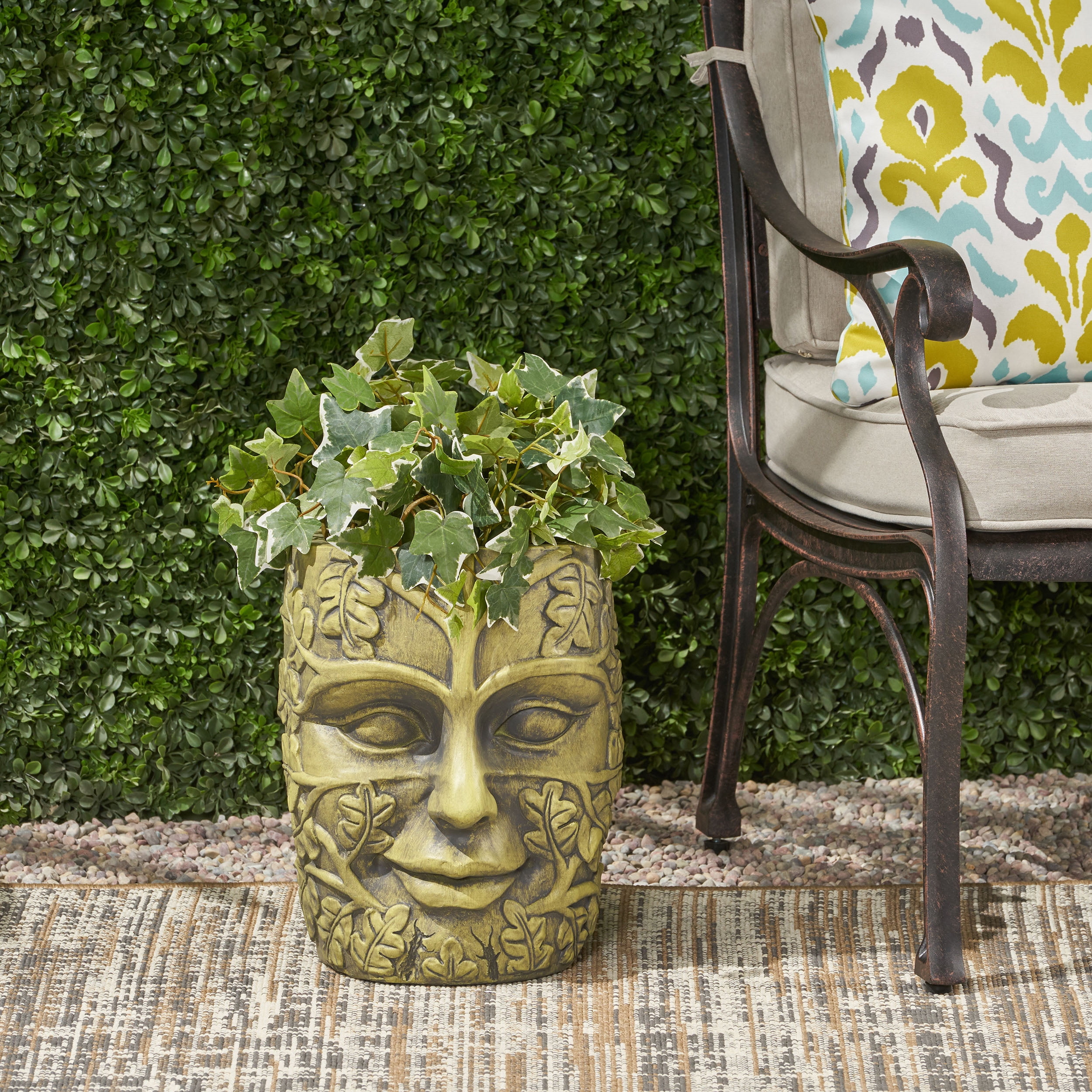 Mintazer MGO Outdoor Cast Stone Easter Island Tiki Totem Urn Planter with Drainage Hole for Patio Backyard Garden, Antique Green