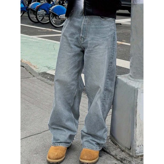 Loose Fit Straight Wide Leg Jeans For Couples, Vintage Baggy Denim Trousers, Streetwear Casual Daily Versatile Pants
