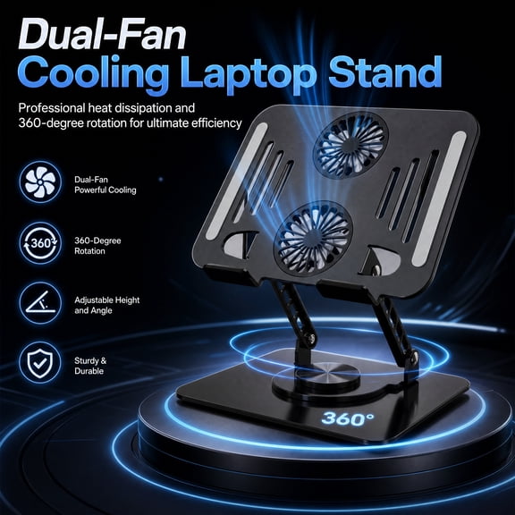 Doulami Aluminum Laptop Stand with Cooling Fan, 360° Rotating Base, Height Adjustable Foldable Notebook Holder for 10-16.5 Inch