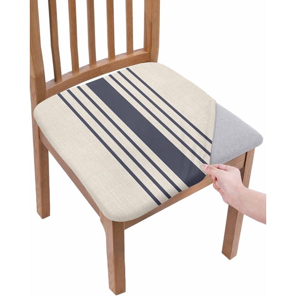 Midnight Blue Striped Chair Seat Covers for Dining Room Stretch Chair Seat Covers Set of 2, Beige Geometric Modern Art Chair Seat Protector Cushion Slipcovers for Kitchen Restaurant Office
