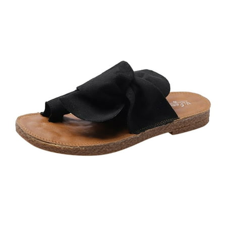 

womens beach shoes Women s Ladies Casual Bowknot Toe Ring Sandals Flat Slippers Beach Shoes Cotton Fabric Black