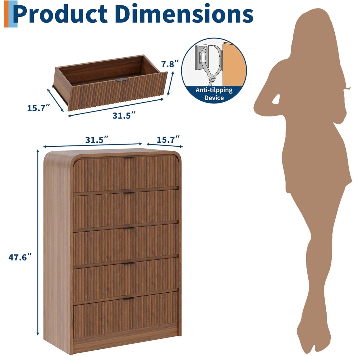 Fluted 5-Drawer Tall Dresser, Walnut Wood Chest with Rounded Edge for Bedroom, Living Room, Hallway