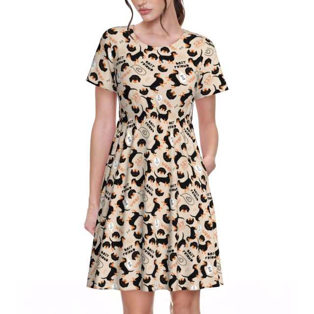 Bixox Robe d'Été à Manches Courtes pour Femmes Robe Ample Longueur Genou avec Poches-Dachshund