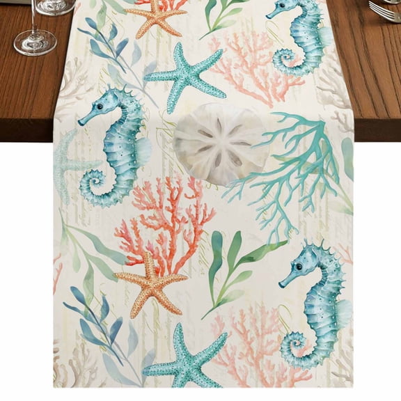 Table Runners 48 Inches Long Dress Scarves, Teal Red Coastal Farmhouse Kitchen/Dining Table Runner, Short Coffee Tablerunners, Nautical Seahorse Beach Coral Starfish Retro 13x48 Inch