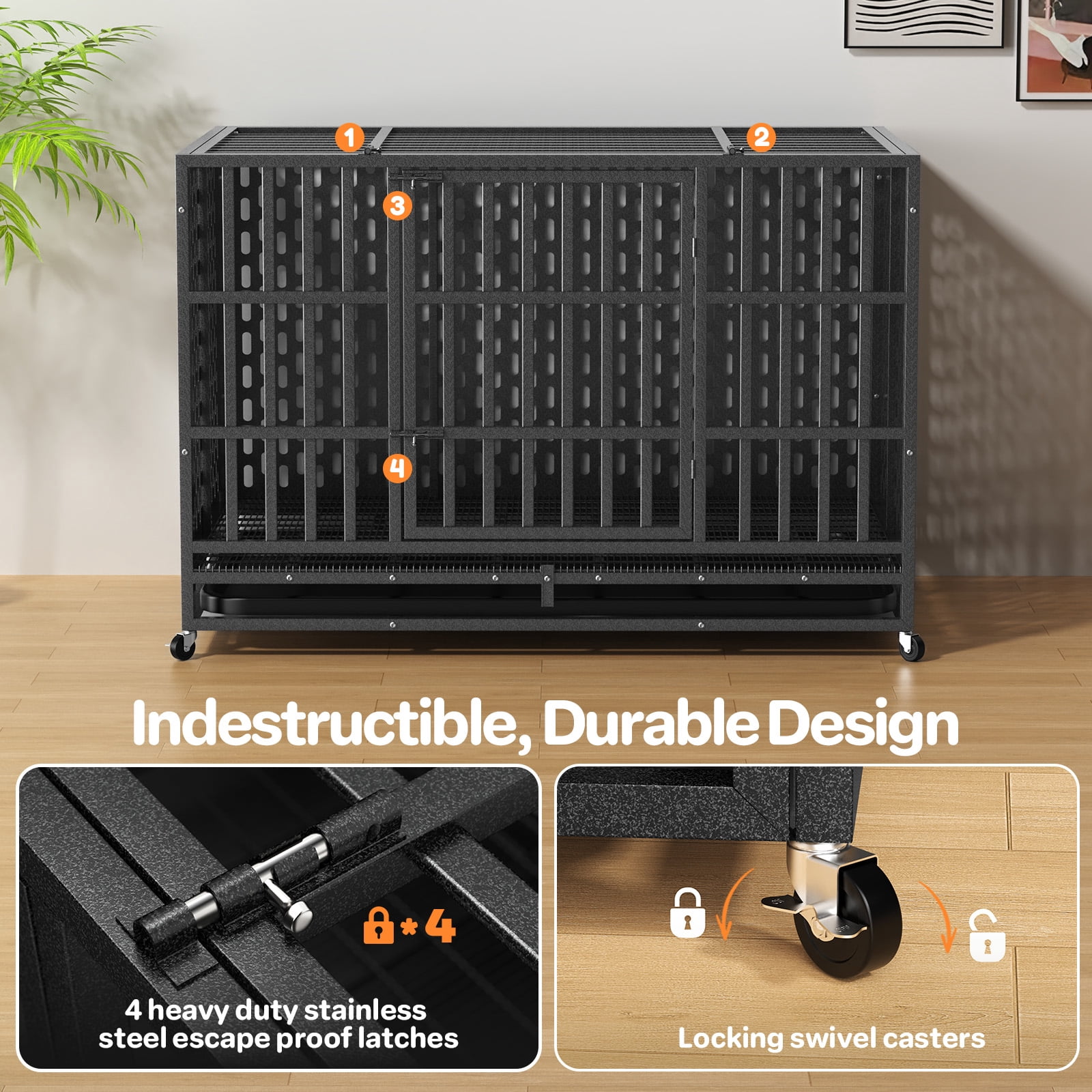 YOKWOK 48 Inch Heavy Duty Indestructible Dog Crate Cage, Chew Proof & Escape-Proof XL Kennel for High Anxiety Large Dogs, with Locking Wheels and Removable Tray for Indoor & Outdoor Use, Black