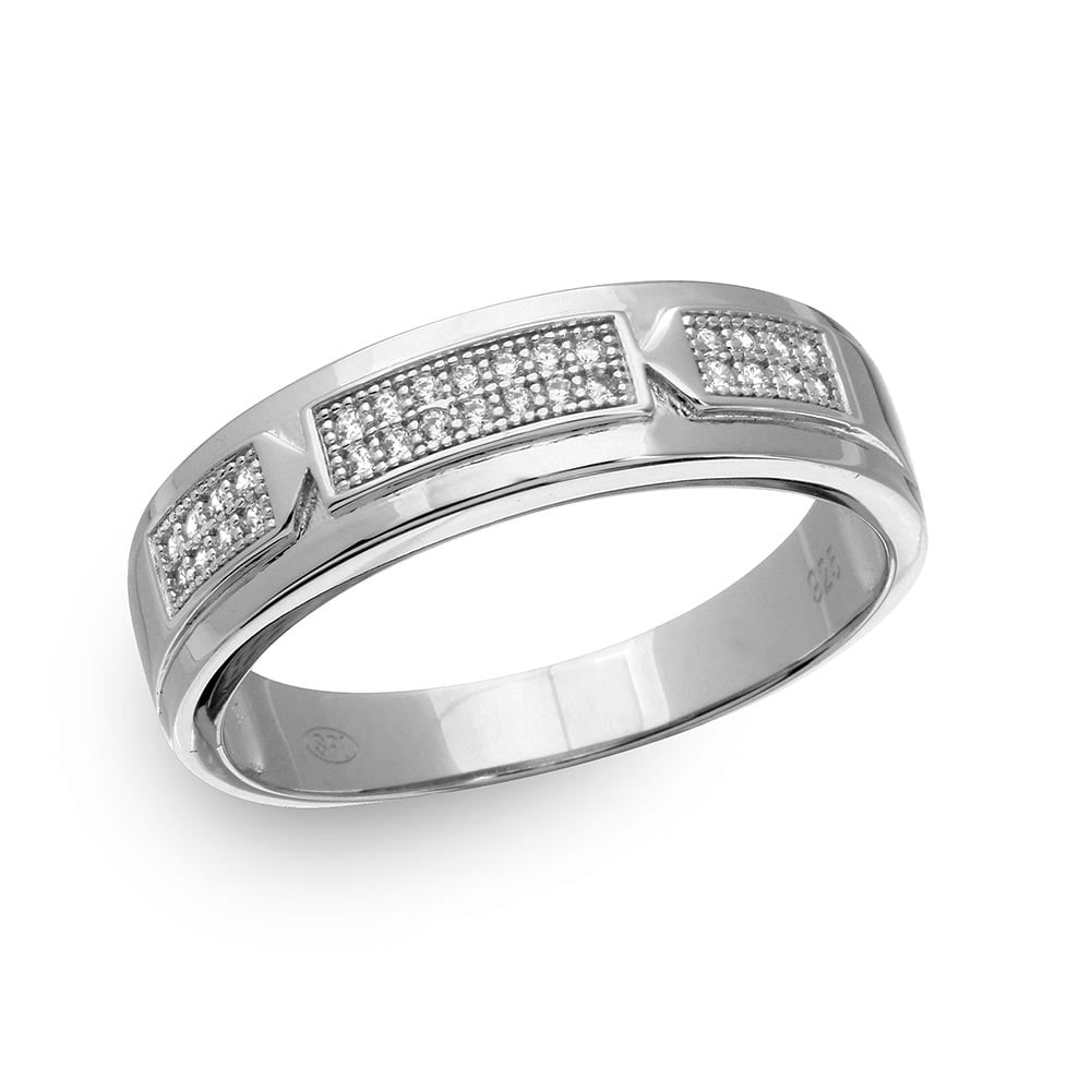 All in Stock - Clear Cubic Zirconia Bar Eternity Mens Wedding Ring Rhodium Plated Sterling Silver Size 9
