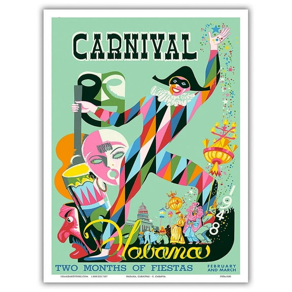 1948 Carnival Havana Cuba - Two Months of Fiestas February and March - Vintage Travel Poster by Enrique Caravia c.1948 - Master Art Print (Unframed) 9in x 12in
