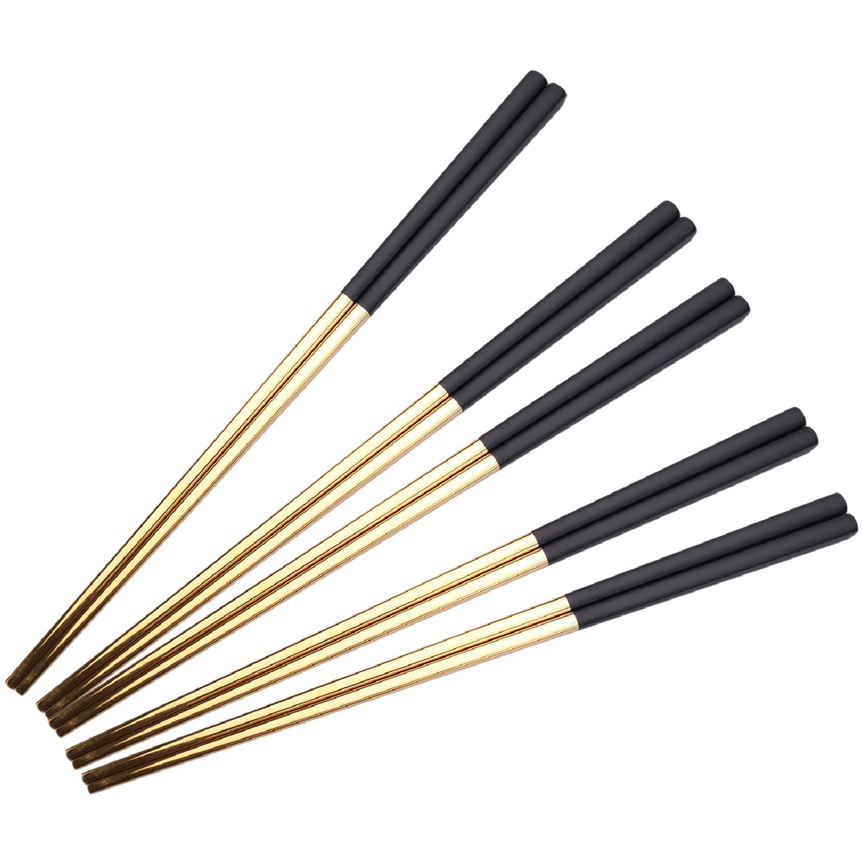 Chinese Chopsticks 5 Pairs Stainless Steel Gold Set Black Metal Sushi Dinnerware 