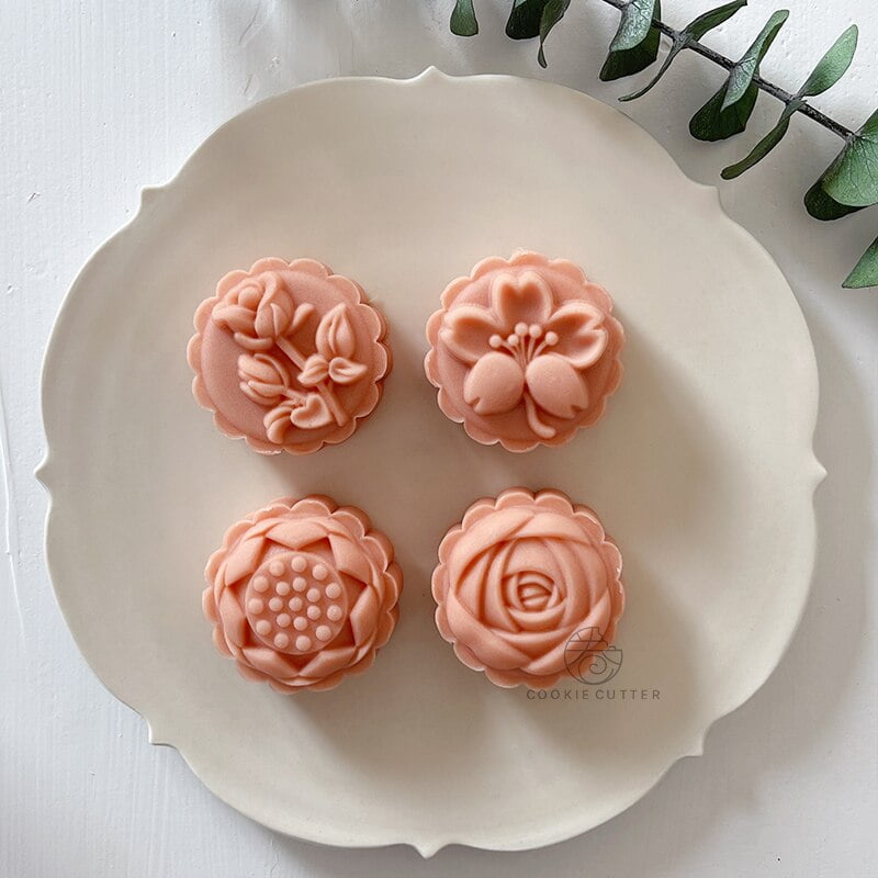 GDGY 6+1 Chinese Flowers Pattern Mooncake Mold Candy Pineapple Cake Cookie  DIY Baking mold/3D Rose Flower Mooncake Mold Hand Pressure Mould 1 Barrel 6