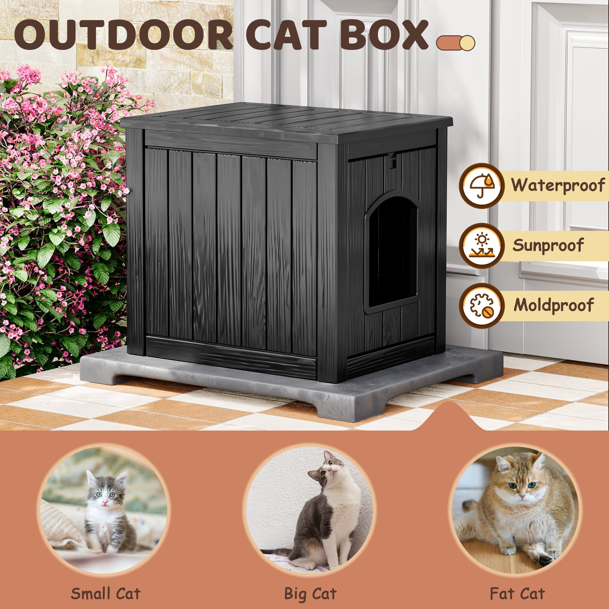 Bifanuo Outdoor Cat House, Outside Multiple Kitty Feral Cat Houses, Weatherproof Shelter for Ferrel Cats and Dogs, Durable PP Materia, Insulated Shelter for Garden, Patio, or Backyard(Black)