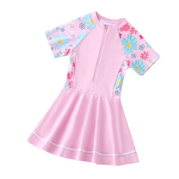 Xfvqtps Toddler Child Girls One Piece Swimsuit with Shorts Front Zipper Skirt Hemt Short Sleeve Sun Protection Flower Print Beach Rash Guard Summer Swim Shirts Bathing Suit 2-9 Years Pink