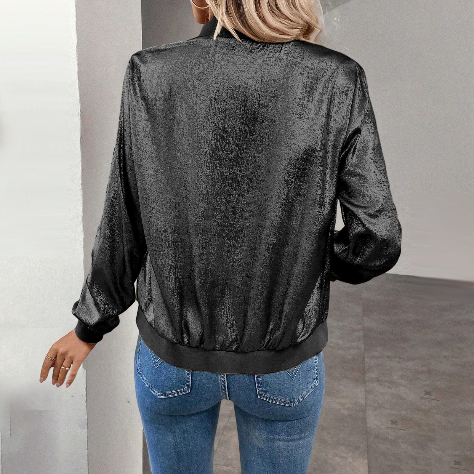 Women's Metallic Zipper Bomber Jacket Outwear Long Sleeve Lightweight Jacket Coats