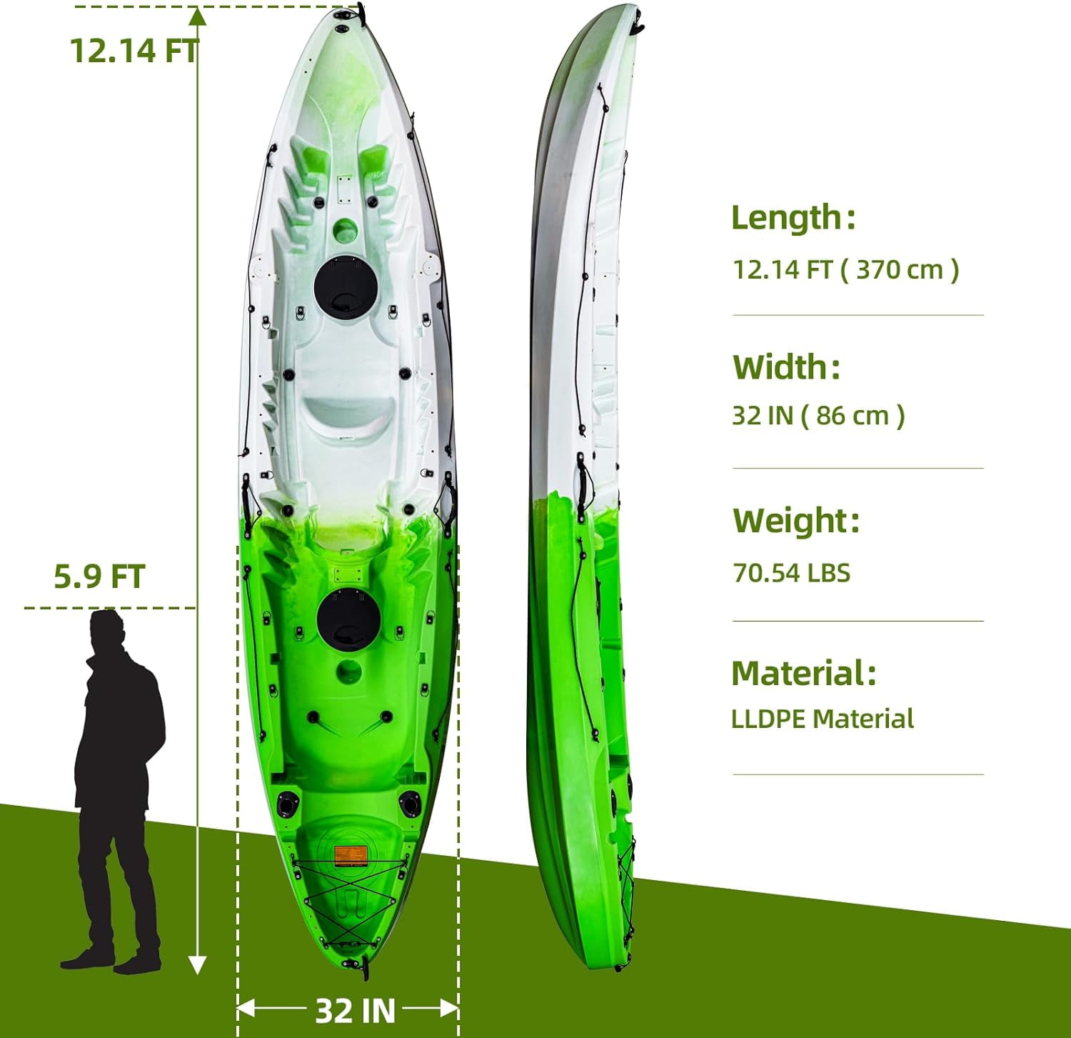 Tandem Fishing Kayak, 12.4FT for 2-3 Adults with Paddle, Comfortable Seats, 600LBS Capacity, Hard-Shell Ocean Kayak