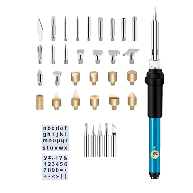 Kit Pirograbador Soldador De Madera Tallado Regulable 35pzs Plata/Dorado/Azul