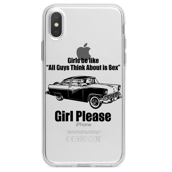 DistinctInk Clear Shockproof Hybrid Case for iPhone XR (6.1" Screen) - TPU Bumper Acrylic Back Tempered Glass Screen Protector - All Guys Think About is Sex - Cars!