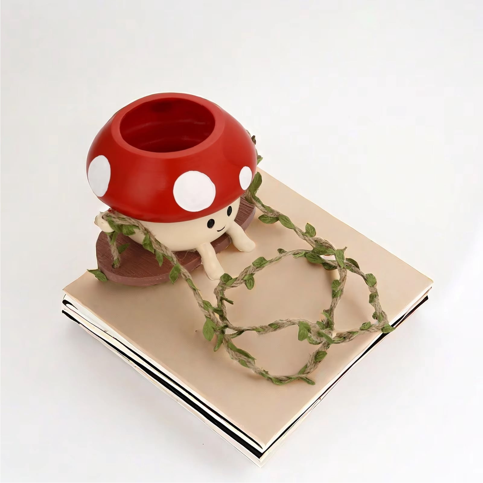 Opvise Low-Maintenance Cartoon Face Mushroom Swing Hanging Planter Pot with Wooden Holder, Lightweight Resin Ceramic Flower Pot for Indoor Outdoor Plants, Decorative Garden Decor