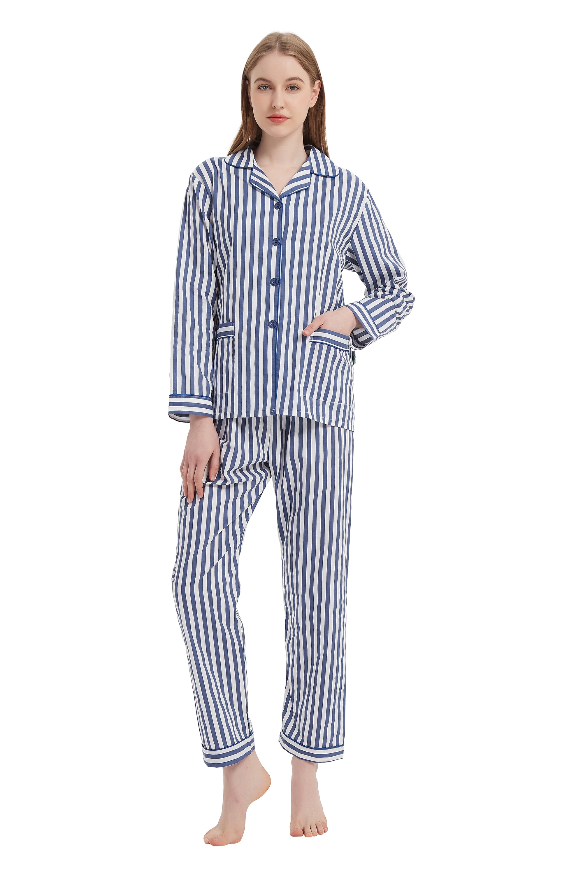 GLOBAL Womens 100 Cotton Notch Collar Pajama Set Homewear with Pockets, Spring & Summer, 2