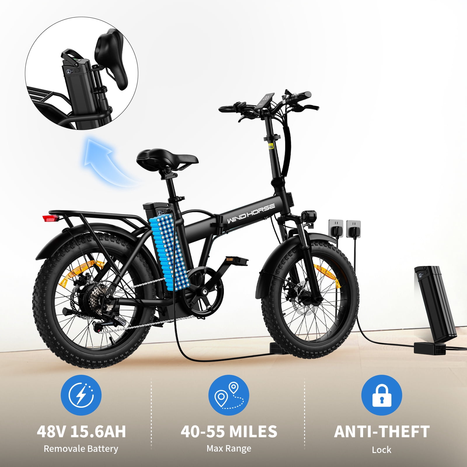 Windhorse 20" Fat Tire Electric Bike for Adults, 20 mph, 70 mile Range, 983W Motor, 48V 15.6Ah Removable Battery Foldable Ebike