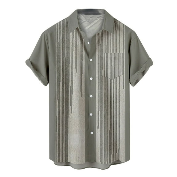 qolati Shirts for Men Casual Short Sleeve Lightweight Button Down Henleys Blouse Striped Print Loose Aloha Vacation Shirt