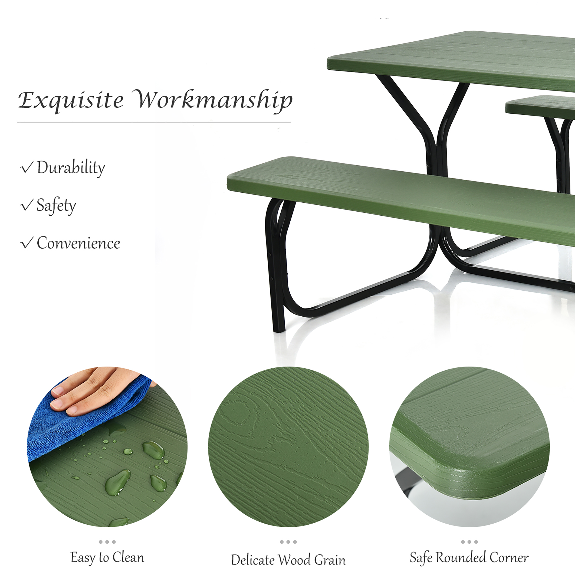 Costway Picnic Table Bench Set Outdoor Backyard Patio Garden Party Dining All Weather Green - image 4 of 10